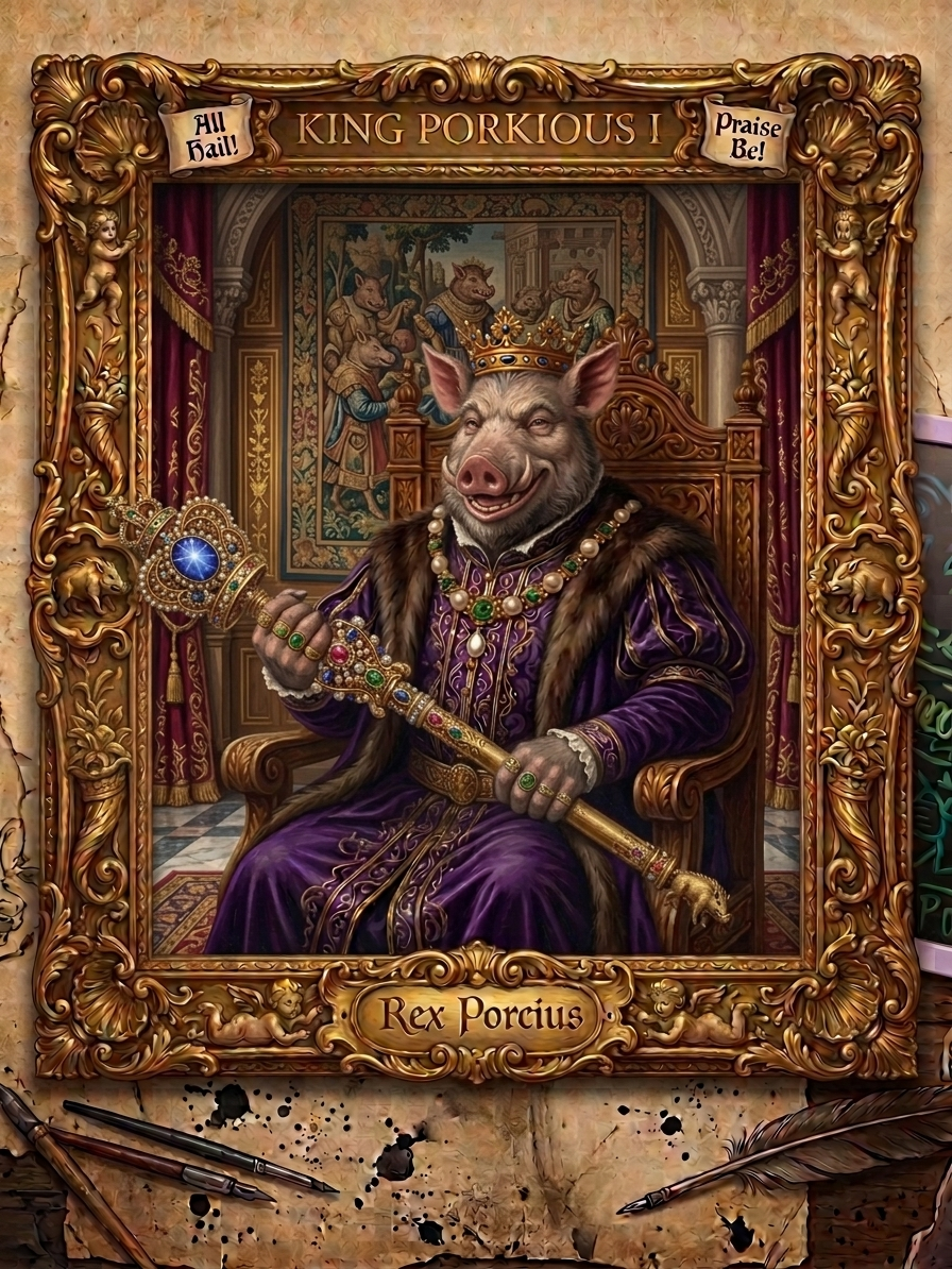 Regal portrait of King Porkious I in a golden frame